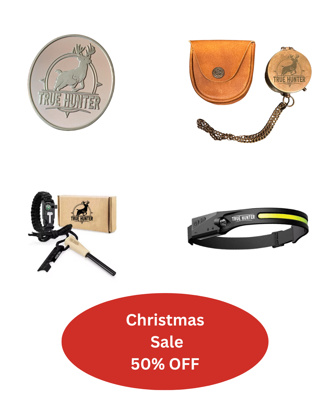 Lucky Coin, Brass Compass, Flint & Steel, and LED Headlamp