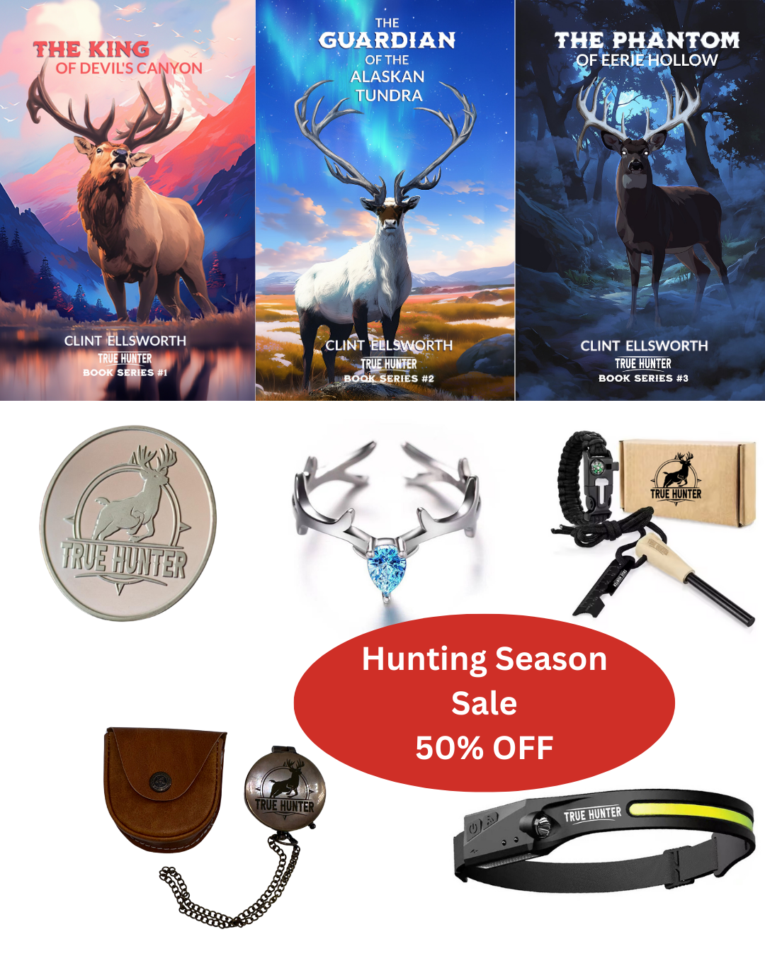 Books 1, 2, 3 PLUS Lucky Coin, Antler Ring, Flint & Steel, Brass Compass, and LED Headlamp