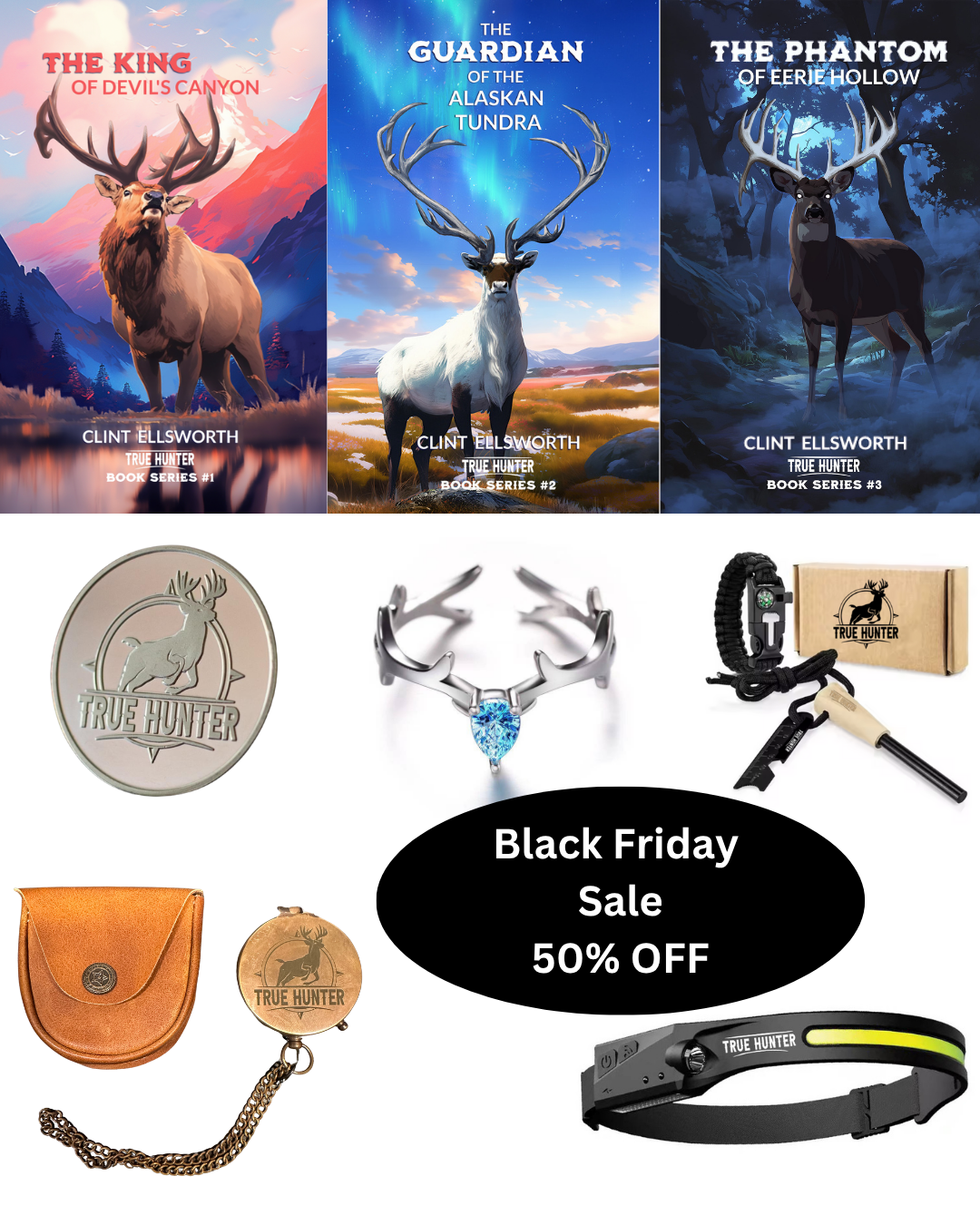 Books 1, 2, 3 PLUS Lucky Coin, Antler Ring, Flint & Steel, Brass Compass, and LED Headlamp