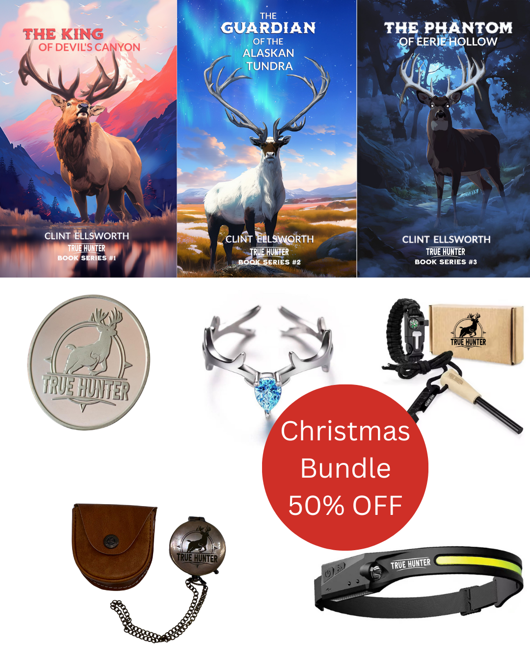 Books 1, 2, 3 PLUS Lucky Coin, Antler Ring, Flint & Steel, Brass Compass, and LED Headlamp