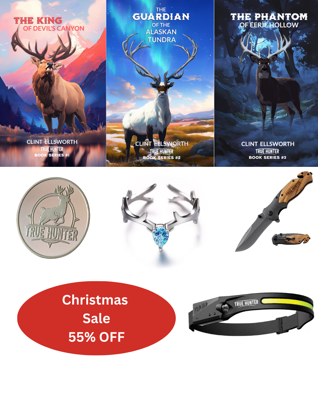 Books 1, 2, 3 PLUS Lucky Coin, Antler Ring, Knife and LED Headlamp